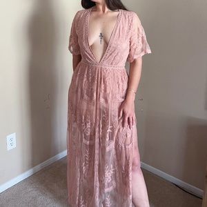 Honey Punch - Lace Embroidered Plunge Maxi Dress in Pink